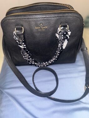 kate spade Black Pebbled Leather Satchel with Polka Dot Scarf-Wrapped Handle